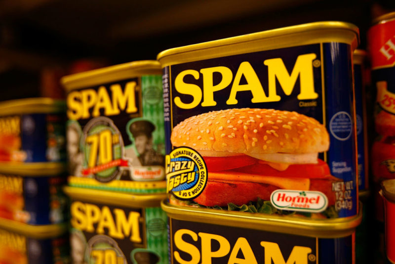 SIERRA MADRE, CA - MAY 29:  Spam, the often-maligned classic canned lunch meat made by Hormel Foods, is seen on a grocery store shelf May 29, 2008 in Sierra Madre, California. With the rise in food prices, sales of Spam are increasing as consumers look for ways to cut their food bills. According to the US Agriculture Department, the price of food is rising at the fastest rate since 1990. Increasingly expensive staples include such items as white bread, up 13 percent over last year, butter, up nine percent, and bacon at seven percent. The increasing sales have translated to 14 percent higher profits for Hormel. Spam was created in 1937 and was popularized as a staple food for World War II Western allied forces.   (Photo by David McNew/Getty Images)