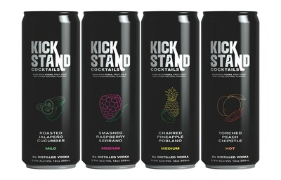 Kickstand Cocktails is available in four crushable flavors, including Roasted Jalapeno Cucumber (mild), Charred Pineapple Poblano (medium), Smashed Raspberry Serrano (medium) and Torched Peach Chipotle (hot).